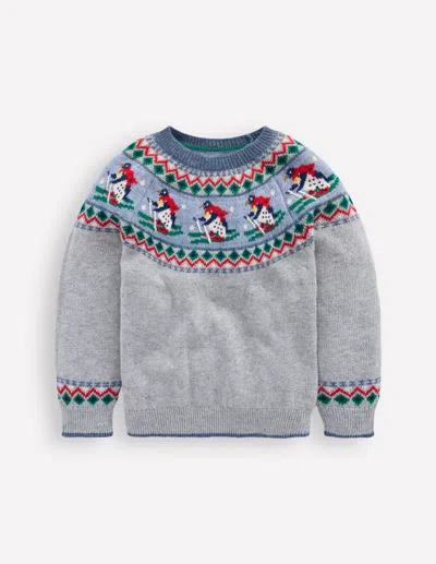 Boden Kids' Fair Isle Jumper Grey Marl Skiing Penguins  In Multi