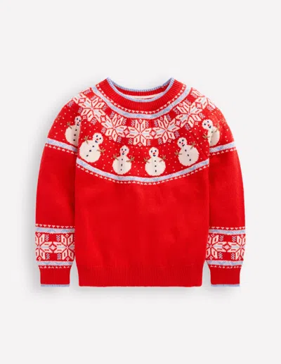 Boden Kids' Fair Isle Jumper Poppy Red Snowmen