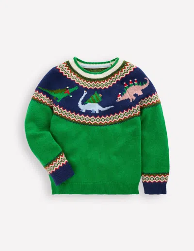 Boden Kids' Fair Isle Jumper Sapling Green Dinosaur