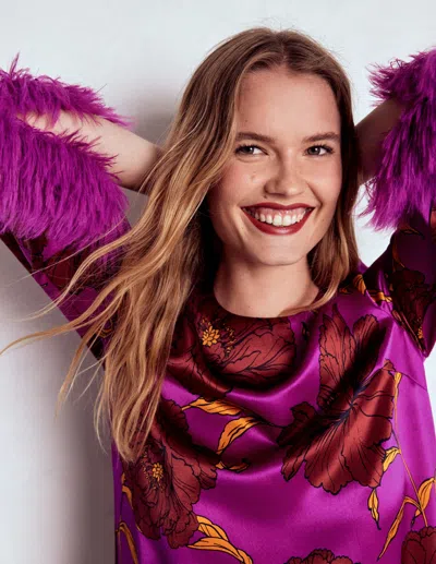 Boden Faux Feather Trim Party Top Purple Floral