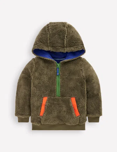 Boden Kids' Fleece Half Zip Hoodie Classic Khaki  In Green