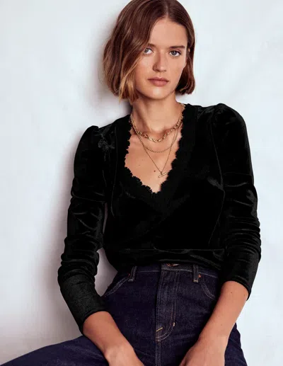 Boden Flora V Neck Velvet Top Black