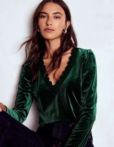 Boden Flora V Neck Velvet Top Emerald Night  In Green