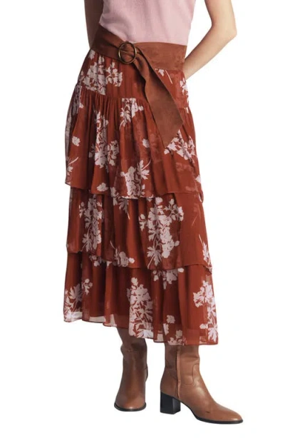 Boden Floral Tiered Ruffle Midi Skirt In Burgundy