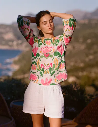 Boden Fluted Sleeve Linen Topmulti, Freesia Stamp Women  In Multi