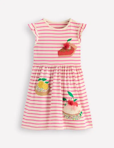 Boden Kids' Flutter Sleeve Appliqué Dresspink Stripe Cakes Girls  In Pink