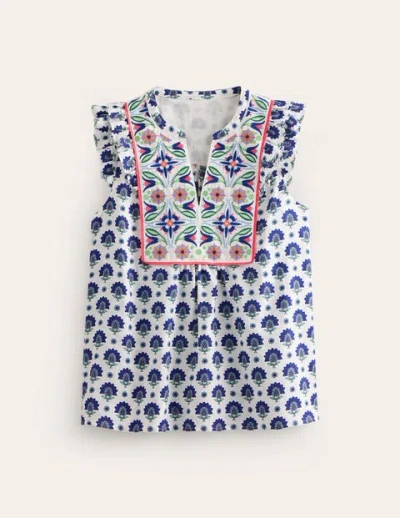 Boden Frill Detail Embroidered Top Bright Blue, Passion Geo Women  In Multi