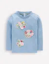 Boden Oberteil Mit Rüschenausschnitt Und Applikationen-gletscherblau Blumen In Blue