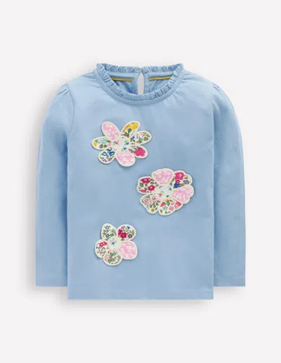 Boden Kids' Oberteil Mit Rüschenausschnitt Und Applikationen-gletscherblau Blumen In Blue