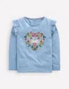 Boden Frill Sleeve Appliqué T Shirt Blue Lovebirds  In Blue