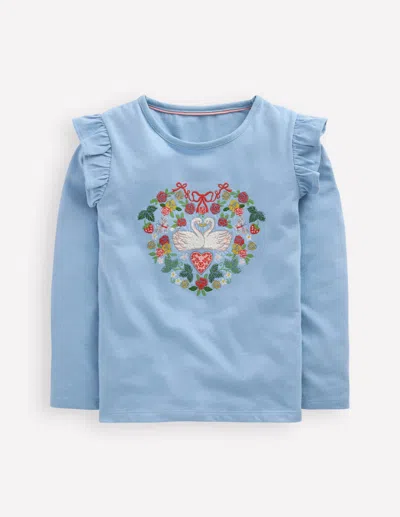 Boden Kids' Frill Sleeve Appliqué T Shirt Blue Lovebirds