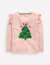 Boden Frill Sleeve Appliqué T Shirt Chalk Pink Christmas Tree  In Pink