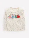 Boden Frill Sleeve Appliqué T Shirt Ivory Fairies  In White