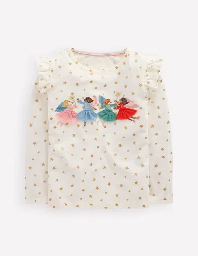 Boden Kids' Frill Sleeve Appliqué T Shirt Ivory Fairies  In White