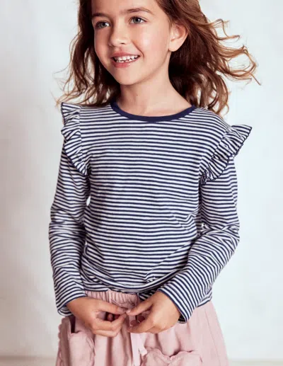 Boden Kids' Oberteil Aus Flammgarn Mit Rüschenärmeln-sanftes Naturweiss/schuluniform-marineblau In Black