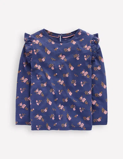 Boden Kids' Frill Sleeve Slub Top Starboard Blue Floral