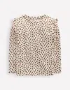Boden Frill Sleeve Slub Top Vanilla White Leopard  In White
