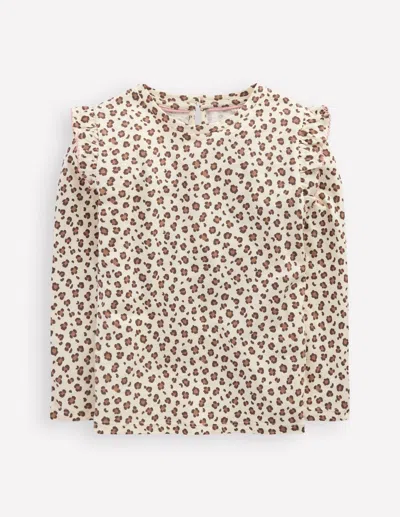 Boden Kids' Frill Sleeve Slub Top Vanilla White Leopard