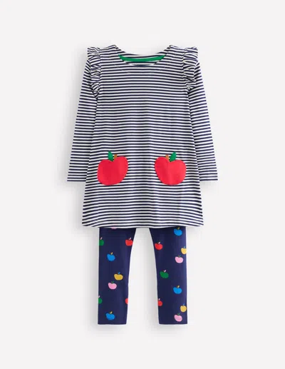 Boden Kids' Frill Tunic Leggings Setcollege Navy/ Ivory Apples Girls  In Blue