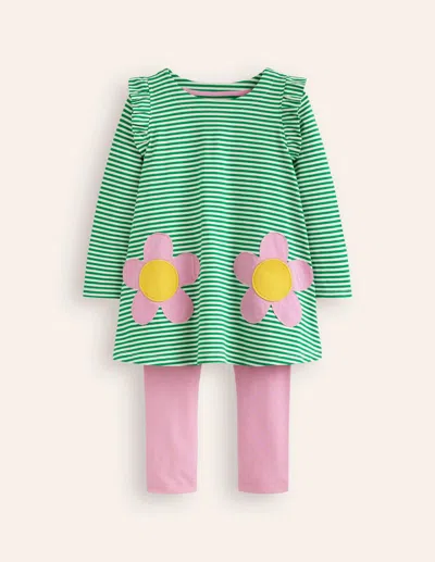 Boden Kids' Frill Tunic Leggings Sethighland Green/ Ivory Flower Girls  In Highland Green/ Ivory Flower