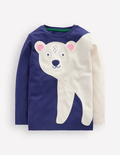 Boden Kids' Fun Applique T Shirt Blue Marl Polar Bear