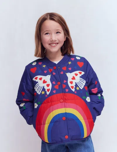 Boden Kids' Fun Bomber Jacket Navy Placement Rainbow Print  In Blue