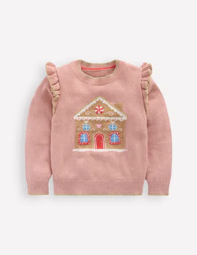 Boden Kids' Fun Frill Logo Sweater Vintage Pink Gingerbread House  In Neutral