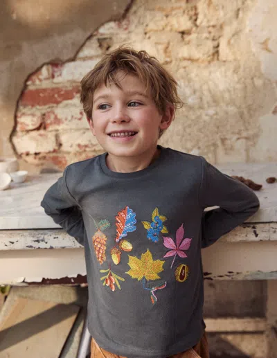 Boden Kids' Fun Superstitch Grid T Shirt Smoke Autumn Leaves  In Gray