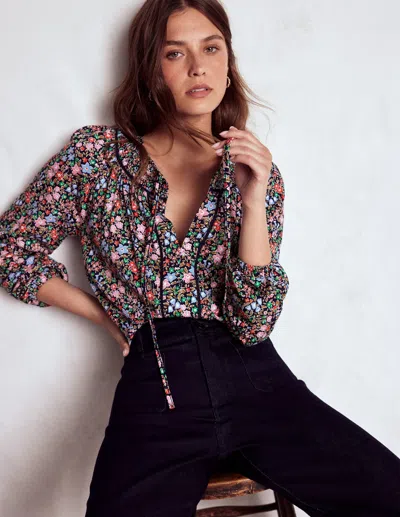 Boden Georgia Smocked Jersey Top-navy And Multi, Flowerbed Female  In Gray