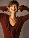 Boden Ruffled Rib Henley Jumper-chestnut Female  In Brown