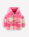 Boden Girls Borg Duffle Coat Pink Check  In Pink