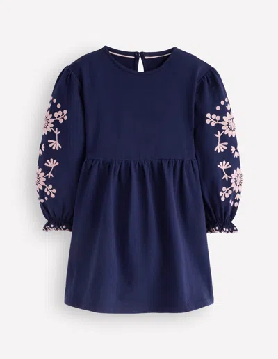 Boden Kids' Girls Embroidered Sleeve Dress In Blue | Size 2-3 Years