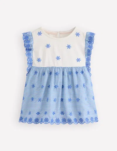 Boden Kids' Girls Fabric Mix Broderie Top In Blue | Size 5-6 Years