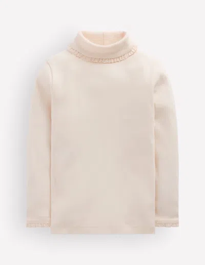 Boden Kids' Girls Lace Trim Roll Neck Top In White | Size 2-3 Years In Pink