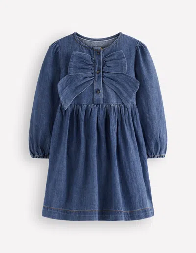 Boden Kids' Girls Norah Button-through Bow Dress In Blue | Size 2-3 Years