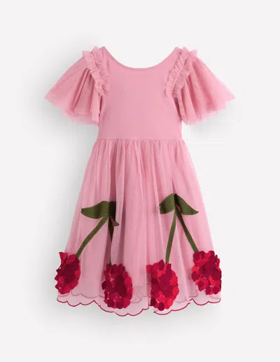 Boden Kids' Girls Short Sleeve Logo Tulle Dress In Pink | Size 2-3 Years