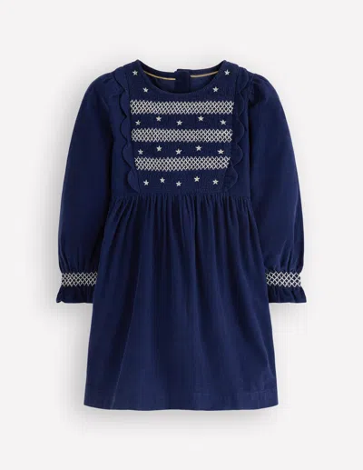 Boden Kids' Girls Smocked Corduroy Sparkle Dress In Blue | Size 2-3 Years