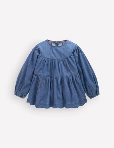 Boden Kids' Girls Tiered Woven Top In Blue | Size 2-3 Years