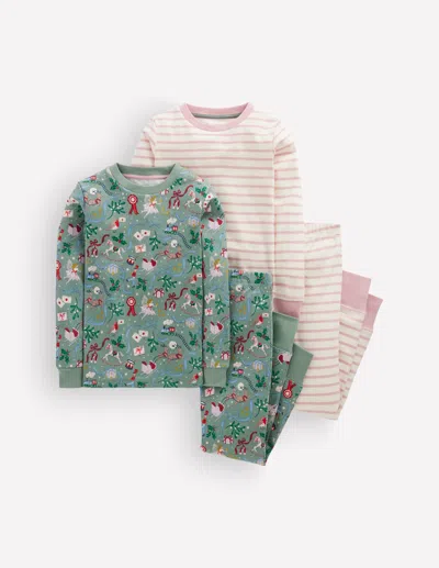 Boden Kids' Girls Twin Pack Snug Pyjamas In Green | Size 2 Years In Multi