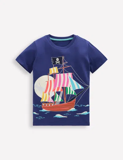 BODEN GLOW IN THE DARK T SHIRT TWILIGHT BLUE PIRATE SHIP BOYS BODEN