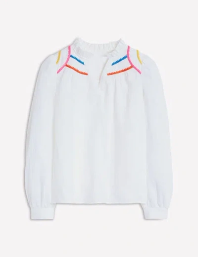 Boden Grace Linen Top White, Multi Stitch Women  In White/ Multi Stitch