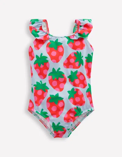 Boden Kids' Hallie Frill Strap Swimsuitmisty Blue Strawberry Girls  In Multi