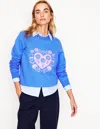 BODEN HANNAH EMBROIDERED SWEATSHIRTPEACOCK PLUME BLUE, HEARTS WOMEN BODEN