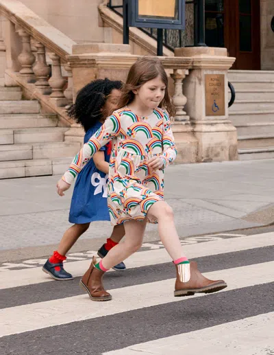Boden Kids' Heart Pocket Fun Jersey Dress Oatmeal Marl Rainbow Hearts Girls  In Multi