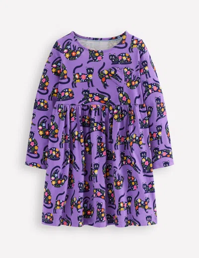 Boden Kids' Heart Pocket Fun Jersey Dress Purple Topaz Spooky Cats Girls