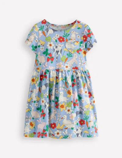 Boden Kids' Heart Pocket Fun Jersey Dressmisty Blue Spring Meadow Girls
