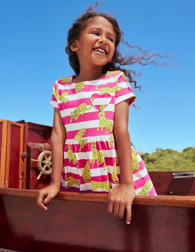Boden Kids' Heart Pocket Fun Jersey Dressraspberry Pink Leopard Stripe Girls  In Multi