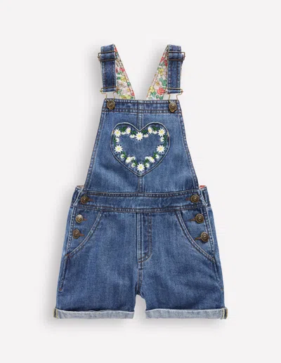 Boden Kids' Heart Pocket Short Dungareesvintage Embroidered Daisy Girls  In Blue