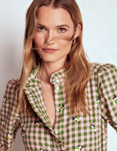 Boden Helena Brushed Cotton Top-green And Pink Floral Check Female  In Brown