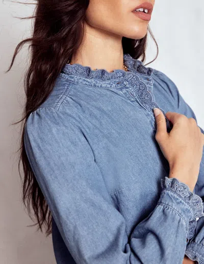 Boden Helena Denim Ruffle Neck Top Light Authentic  In Blue